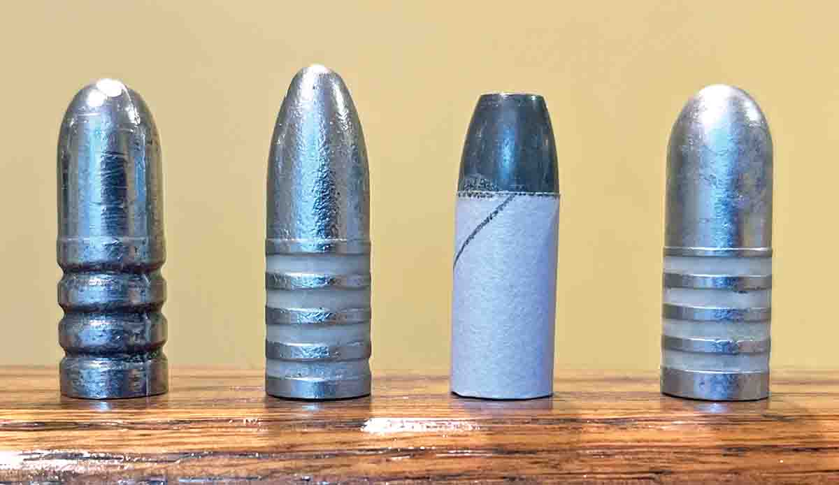 Bullets used in the Springfield Long-Range rifle. Left to right, Montana Precision Swaging 500-grain, Lyman 535-grain Postell, 500-grain paper patch, and Lyman 457125.